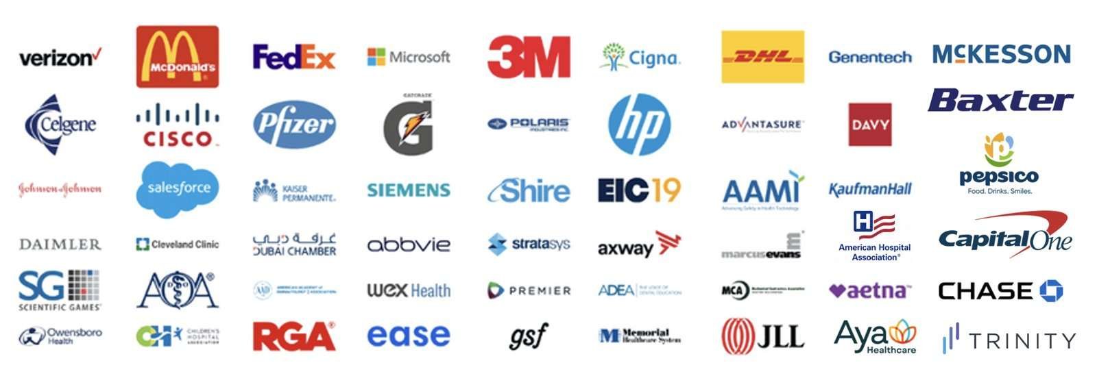 Brands that have worked with LeaderLogic and Nicholas J. Webb, including Verizon, McDonald's, FedEx, Microsoft, 3M, Cigna, DHL, Genentech, McKesson, Pfizer, HP, Salesforce, Kaiser Permanente, Siemens, Johnson and Johnson, Cleveland Clinic, AbbVie, Baxter, Capital One, Chase, Aetna, Pepsico, and more.