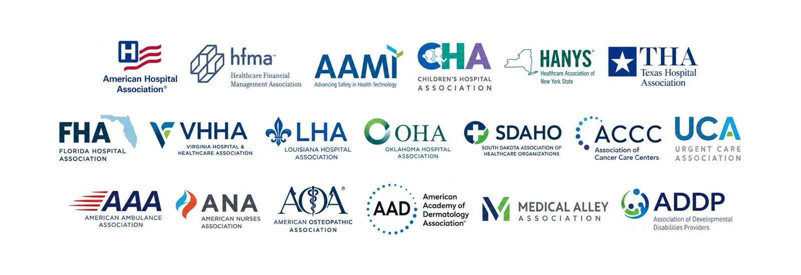 Associations served by LeaderLogic, including the American Hospital Association, HFMA, AAMI, Children's Hospital Association, HANYS, Texas Hospital Association, Florida Hospital Association, Virginia Hospital and Healthcare Association, Louisiana Hospital Association, Oklahoma Hospital Association, SDAHO, Association of Cancer Care Centers, Urgent Care Association, American Ambulance Association, American Nurses Association, American Osteopathic Association, American Academy of Dermatology Association, Medical Alley Association, and ADDP.