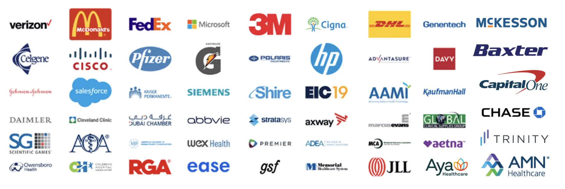 Brands that have worked with LeaderLogic and Nicholas J. Webb, including Verizon, McDonald's, FedEx, Microsoft, 3M, Cigna, DHL, Genentech, McKesson, Pfizer, HP, Salesforce, Kaiser Permanente, Siemens, Johnson and Johnson, Cleveland Clinic, AbbVie, Baxter, Capital One, Chase, Aetna, Pepsico, and more.